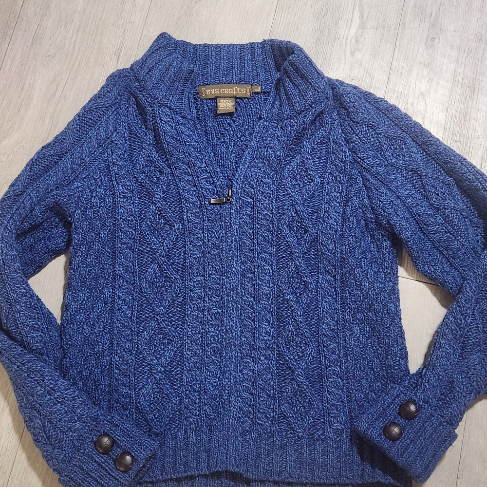 Inis Crafts Blue Cable Knit Cardigan, Has Been Mended
